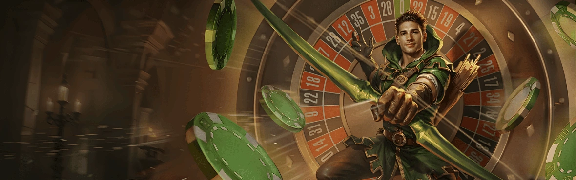 Wild Robin Casino welcome bonus banner showing “Double Your Deposit – Up to £100 + Spins”, featuring a Robin Hood–style archer in front of a roulette wheel, promoting UK online casino bonus for new players.