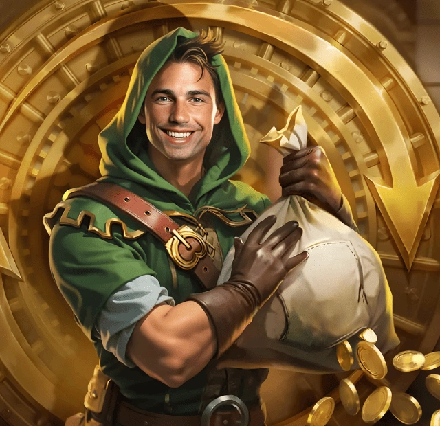 Wild Robin Casino promotions page image featuring a Robin Hood–style character holding a bag of gold coins, highlighting casino bonuses, exclusive rewards, and ongoing promotions for UK players.